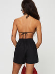 Matching three-piece set  Bra top, halter neck tie fastening  Oversized vest top, lapel collar, button front fastening, twin front pockets  High rise shorts, elasticated waistband, twin hip pockets 