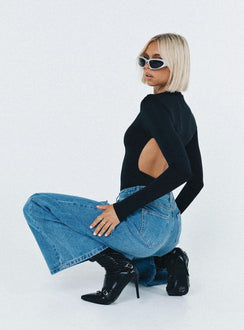 Black long sleeve bodysuit High neck Cut out at back High cut leg Cheeky style bottom Press clip fastening  Good stretch Unlined 