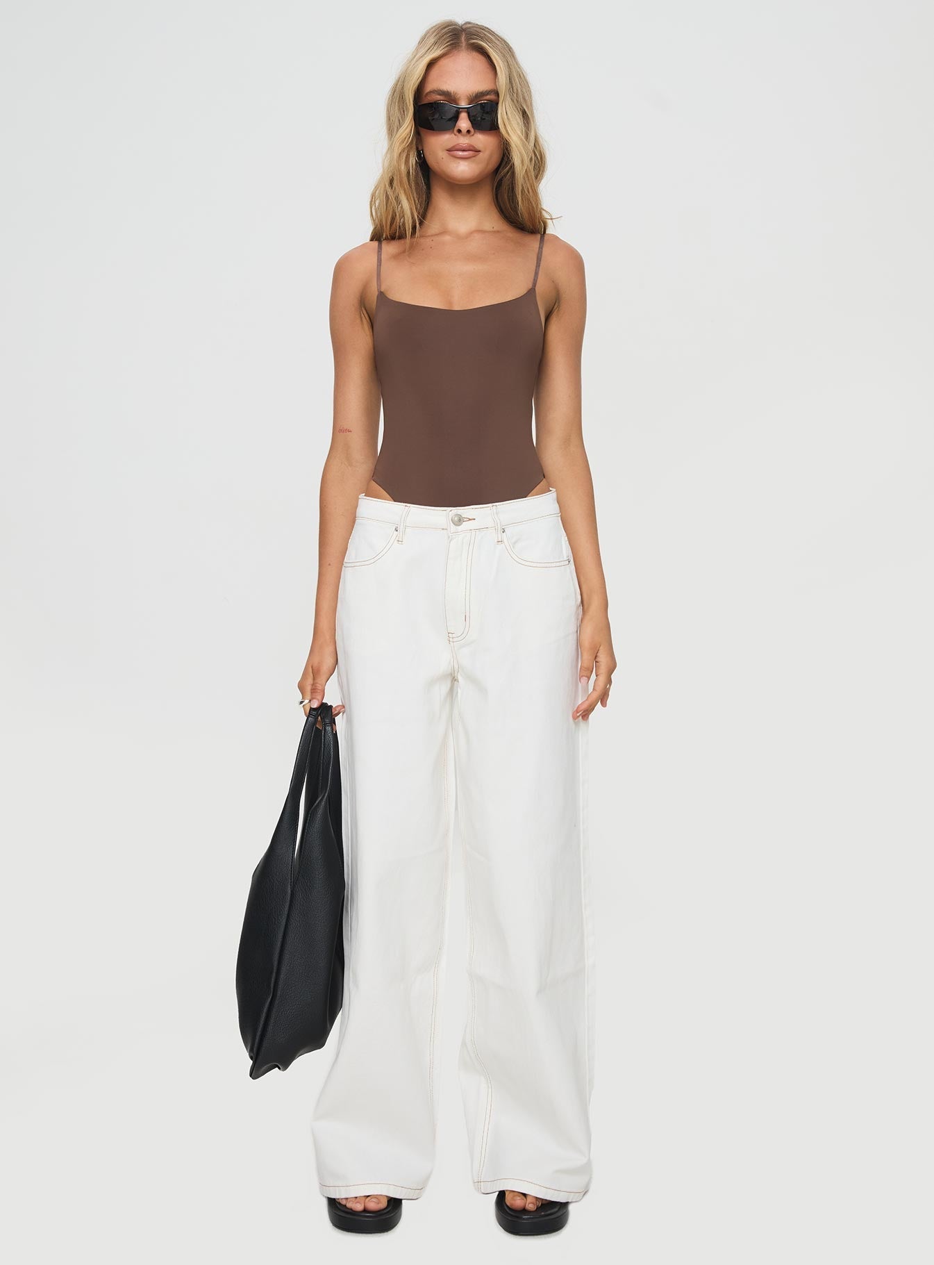 Brown Scoop neck bodysuit Adjustable shoulder straps, high cut leg, cheeky style bottom, press clip fastening