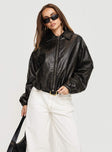 Faux leather bomber jacket Classic collar, drop shoulder, twin hip pockets, elasticated cuffs, drawstring toggle waist, zip fastening down front Non-stretch, fully lined 