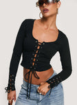 Long sleeve top Scooped neckline, lace up front and cuffs with tie fastening, silver-toned eyelets Good stretch, unlined 
