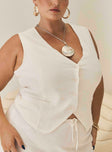 White Linen vest V-neckline, button-up fastening, twin faux pockets, tie up fastening at back