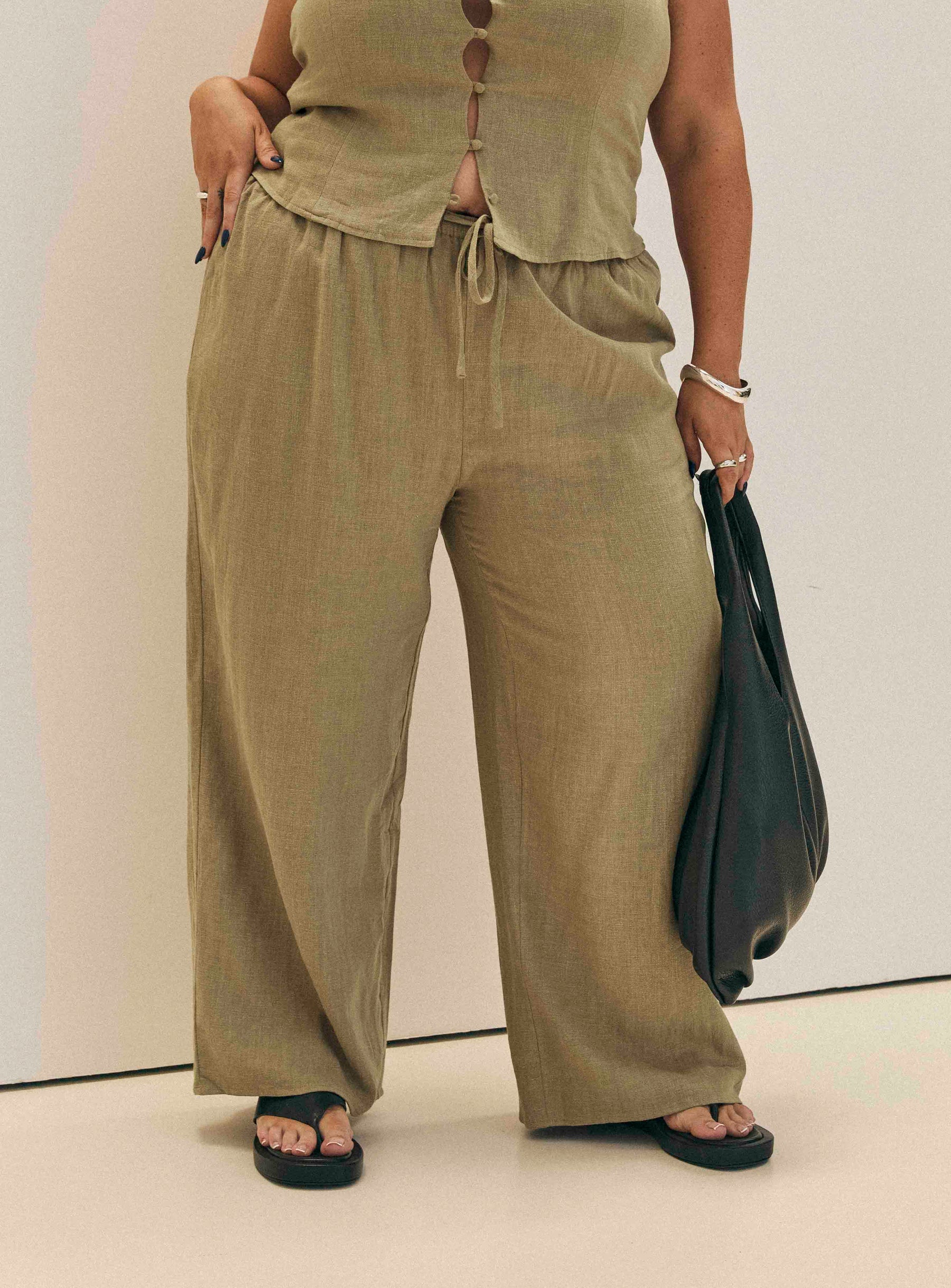 Olive Linen top Square neck, button up fastening