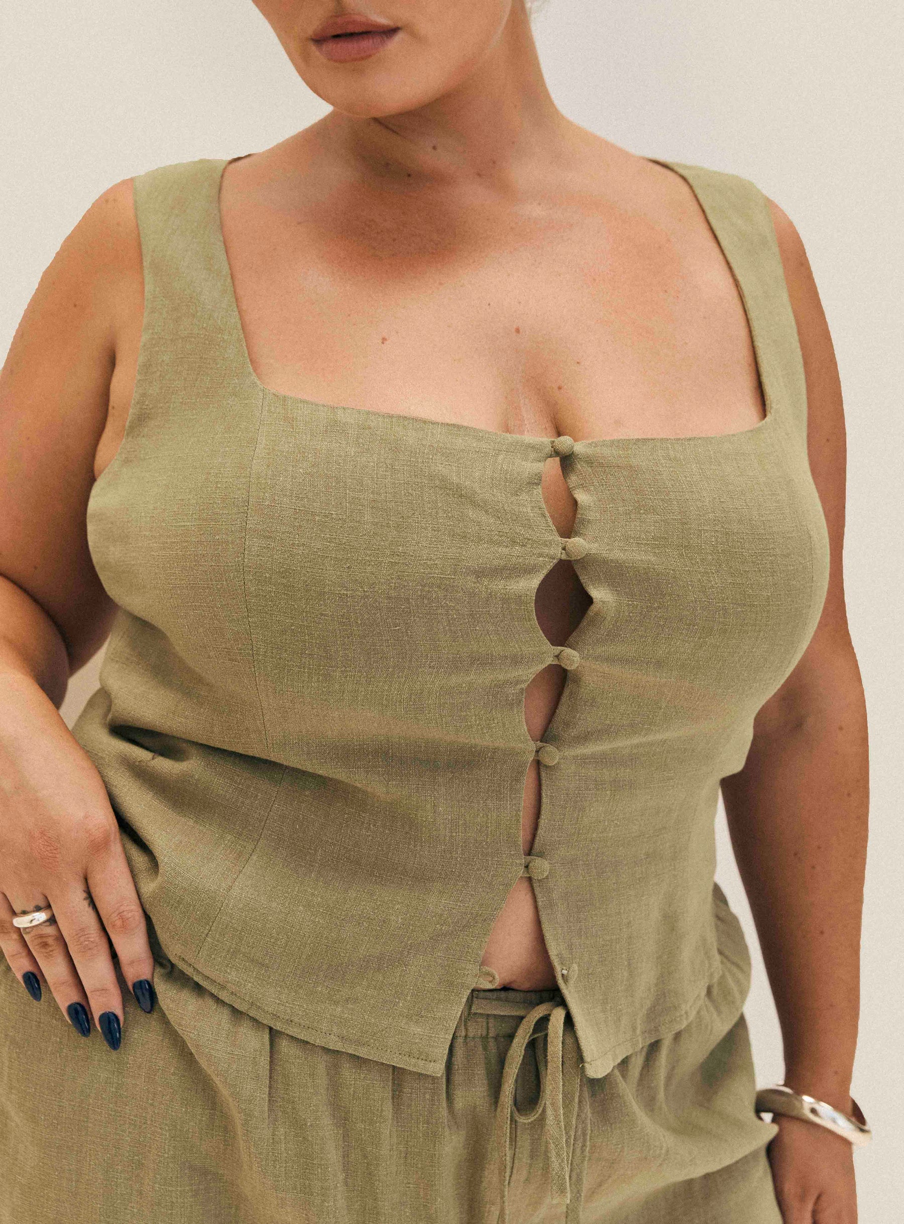 Olive Linen top Square neck, button up fastening