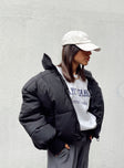 Puffer jacket Zip front fasting Twin front pockets Ribbed cuffs Drop shoulder design Oversized style Adjustable drawstring around waist