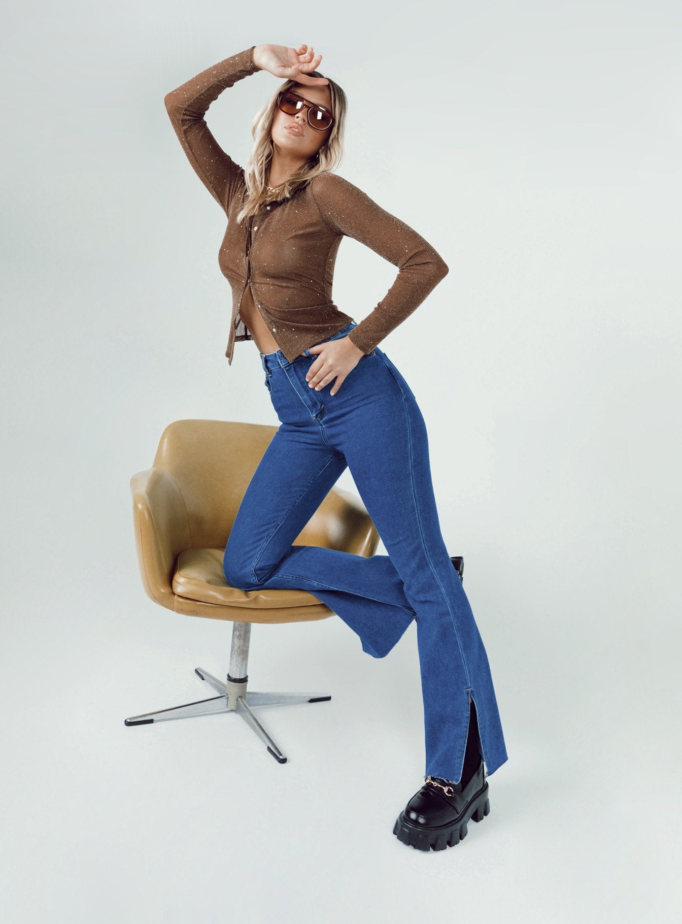 Motel Split Bootleg Jeans Mid Wash