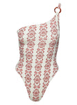 Red and white Graphic print one piece One shoulder design, ring detail at shoulder, removable padding, high cut leg, cheeky style bottom