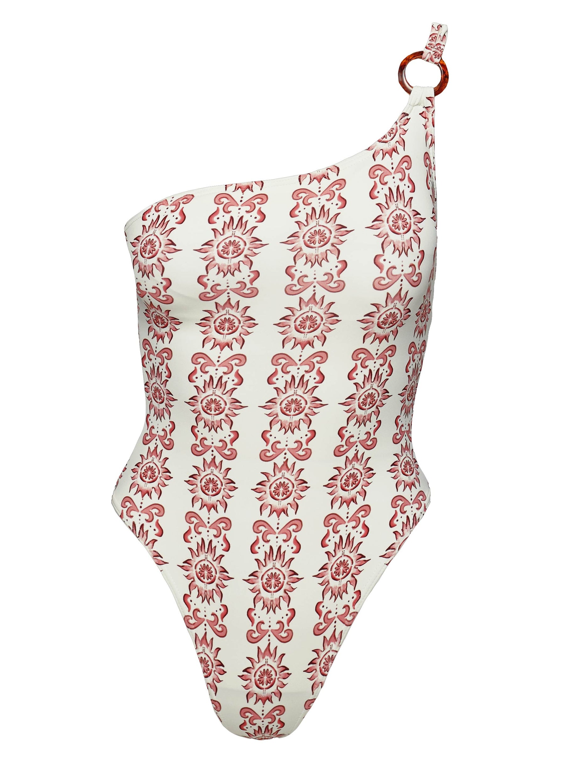 Red and white Graphic print one piece One shoulder design, ring detail at shoulder, removable padding, high cut leg, cheeky style bottom