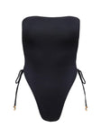 Black Strapless one piece Ribbed material, inner silicone strip at bust, high cheeky cut, drawstring ruching detail at sides