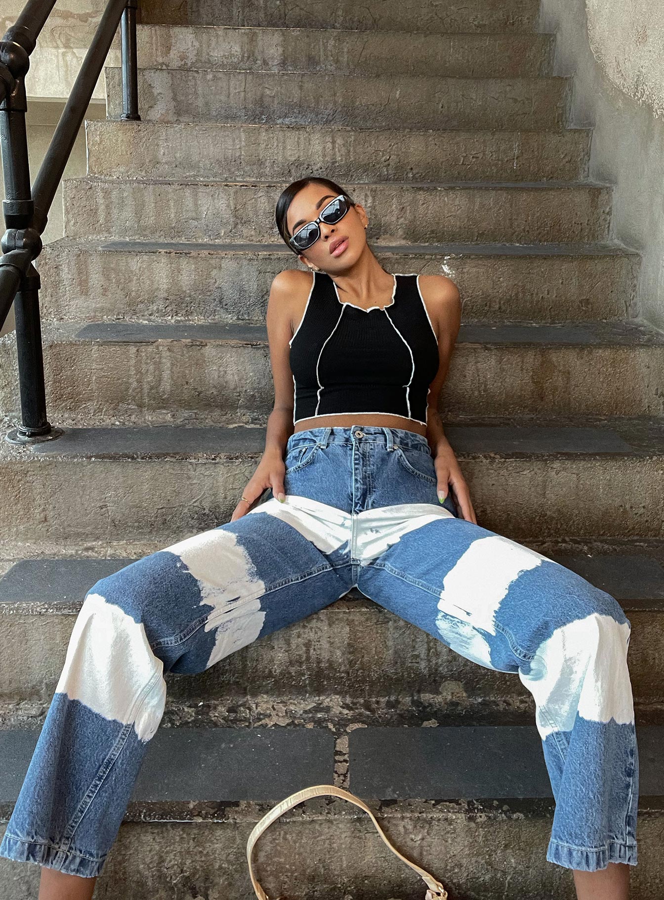 The Ragged Priest Mid Blue Dad Jeans With White Bleach