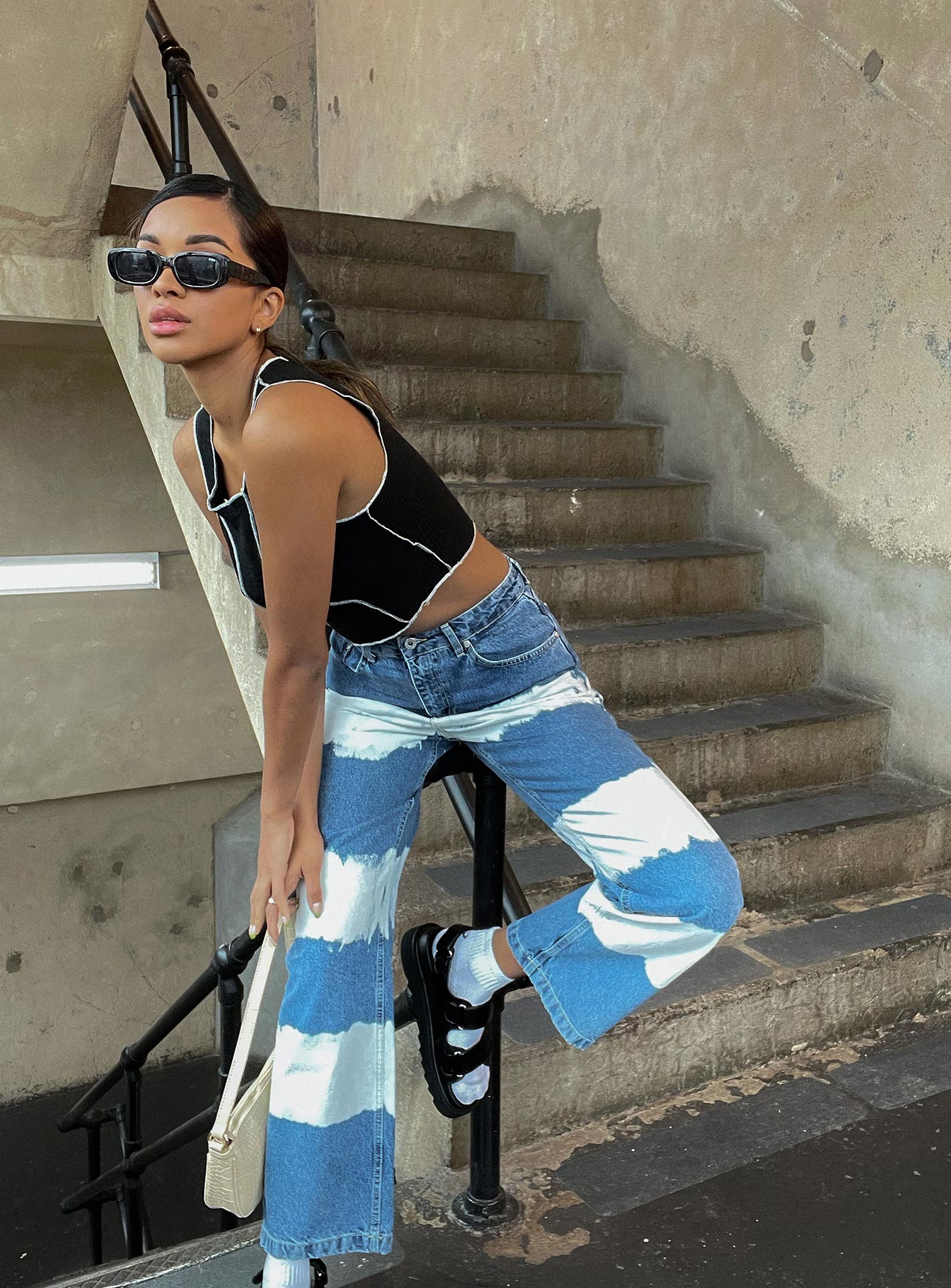 The Ragged Priest Mid Blue Dad Jeans With White Bleach