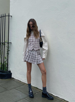 Mini Skirt plaid print Plaid print Double buckle fastening at waist Faux zip around waist Pleated design Side slit